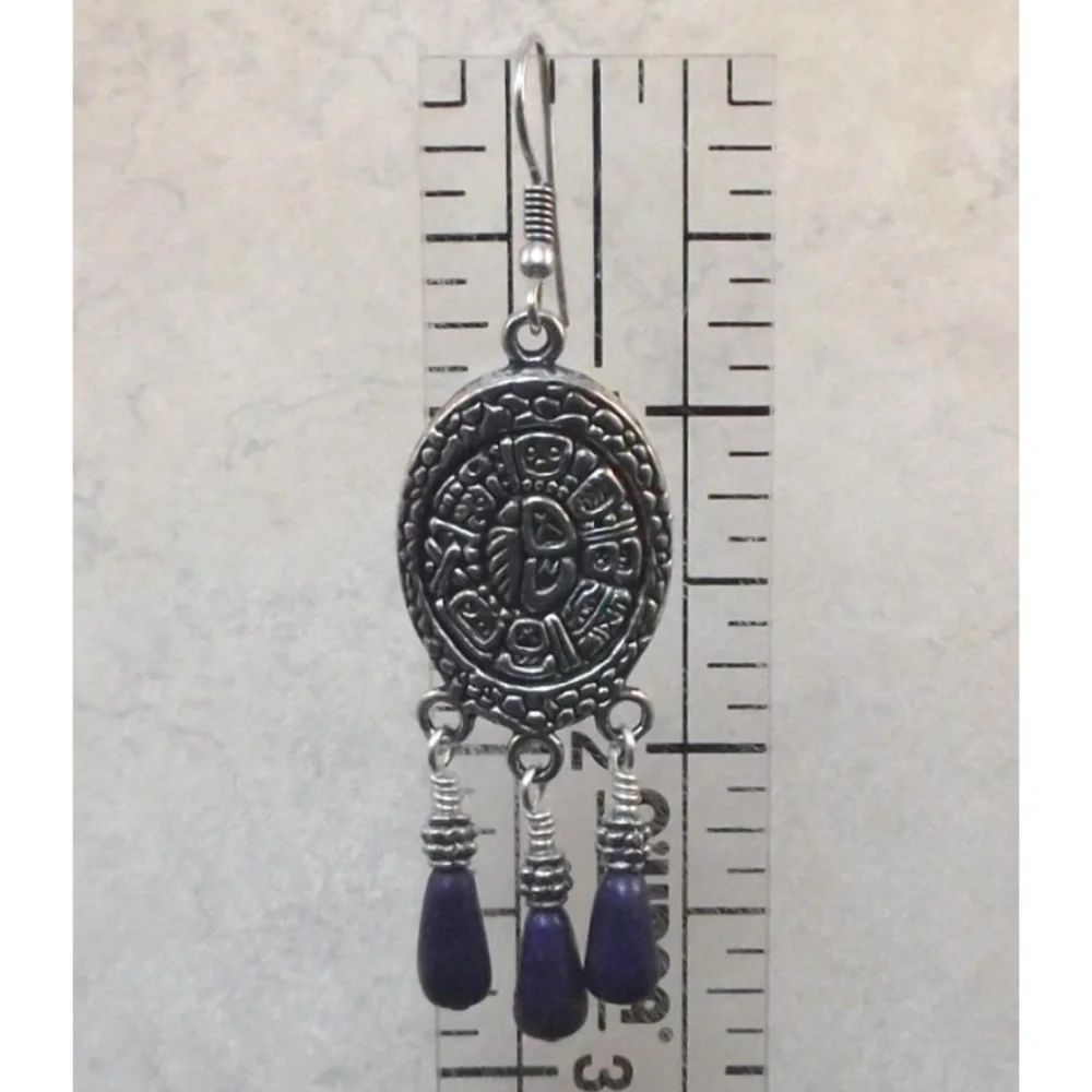 Lapis Lazuli & Silver Oval Tribal Shield Earrings - Picture 3 of 3